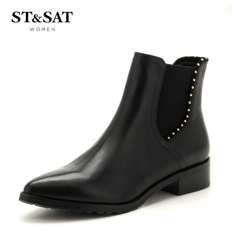 St&Sat/星期六冬新款切尔西短靴女牛皮尖头铆钉女靴子SS64117071图片