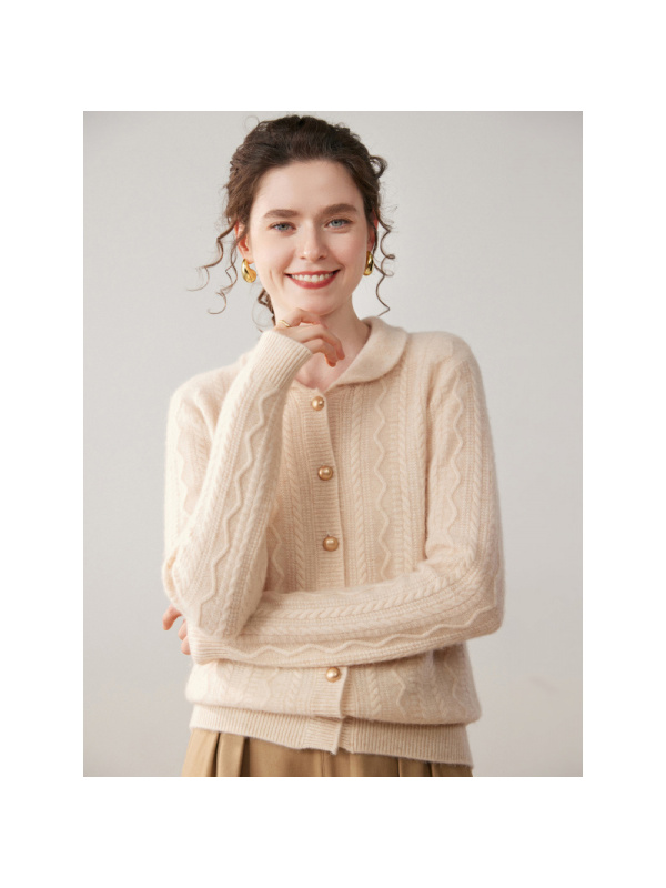 POLO领羊绒开衫女山羊绒加厚娃娃领复古麻花针织衫外套毛衣