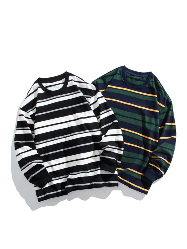 春秋季新款男士韩版撞色条纹圆领长袖卫衣潮280g重磅纯棉百搭上衣