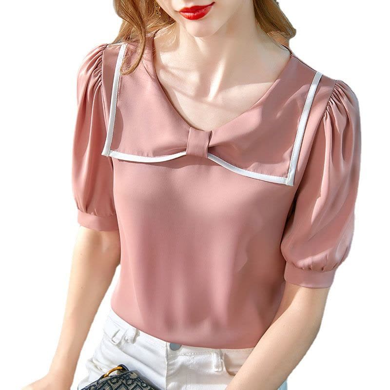 Ceba短袖雪纺衫女夏2022新款女装洋气丝滑缎面小衫撞色减龄娃娃领上衣图片