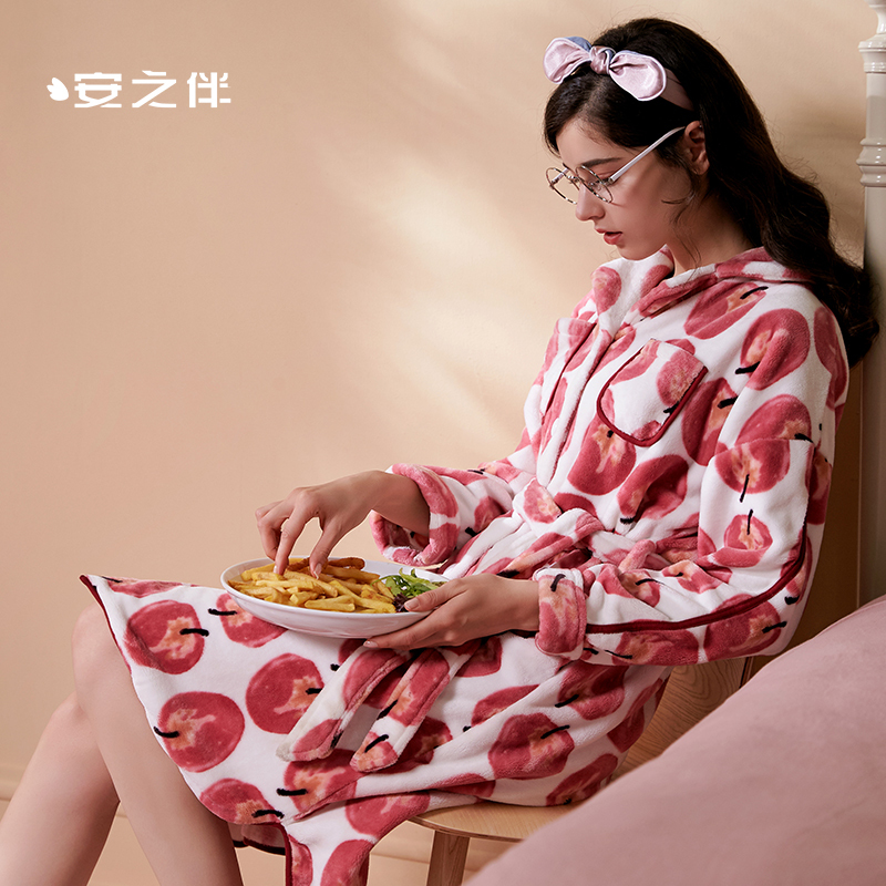 安之伴特卖睡袍女冬珊瑚绒保暖加厚宽松大码长袖睡浴衣日式系带家居服