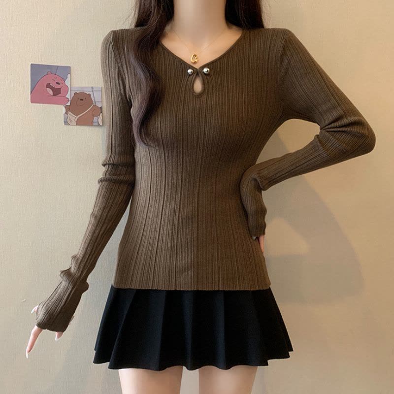 秋季新款设计感V领长袖打底衫内搭针织衫休闲ins韩版通勤个性上衣图片