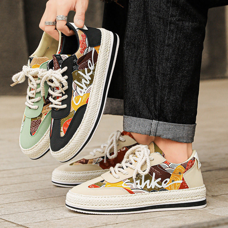 春季板鞋皮革拼接字母彩色休闲运动鞋低帮系带新款厚底草编男鞋