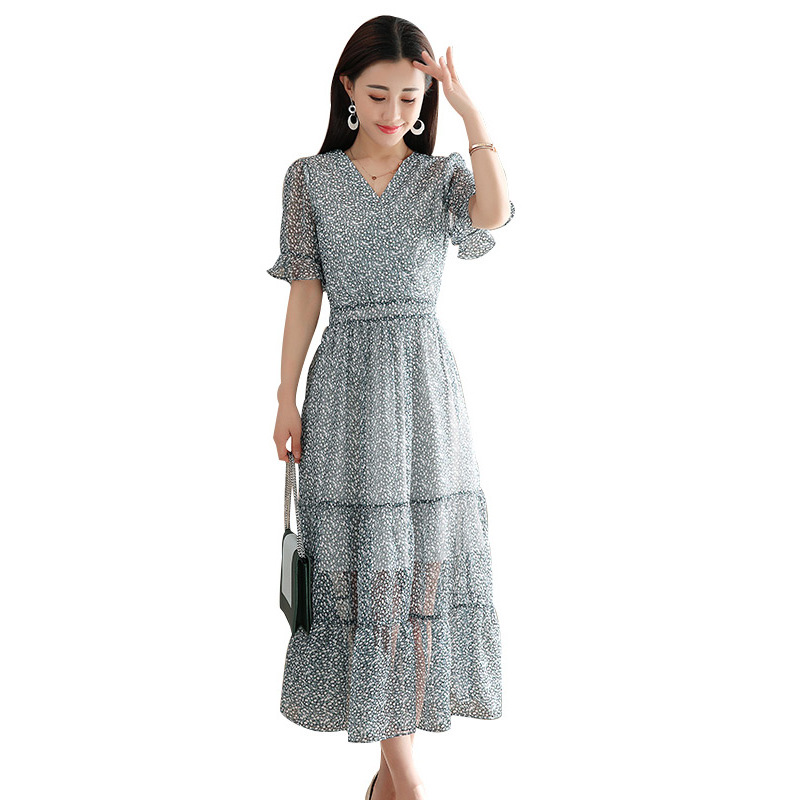 丝柏舍2019春季女装印花短袖中长款连衣裙S82R0012L
