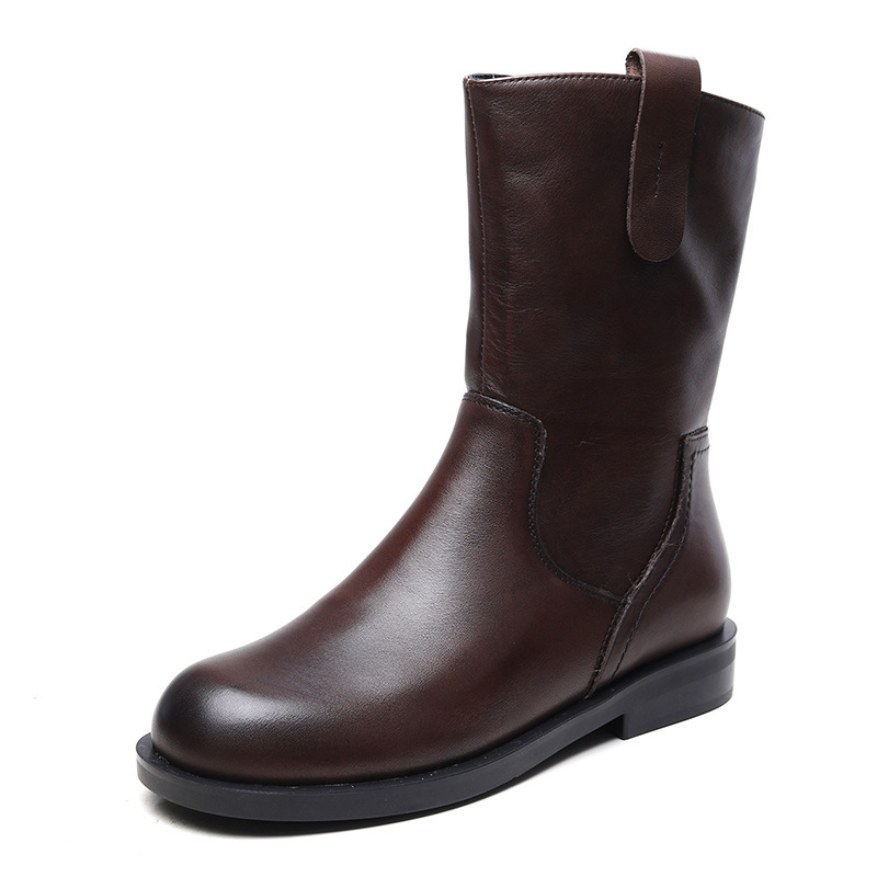 头层牛皮复古风中筒靴女秋冬新款低跟百搭马丁靴真皮靴子女