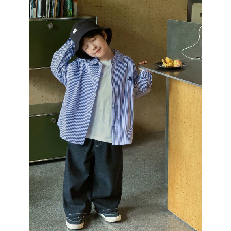 童酷男童秋款织里童装韩版刺绣宝宝衬衣时尚条纹翻领儿童衬衫图片