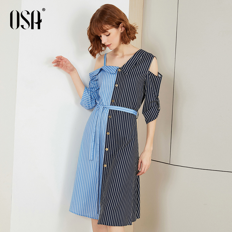 OSA欧莎条纹一字肩衬衫连衣裙女夏2019新款露肩吊带衬衣裙