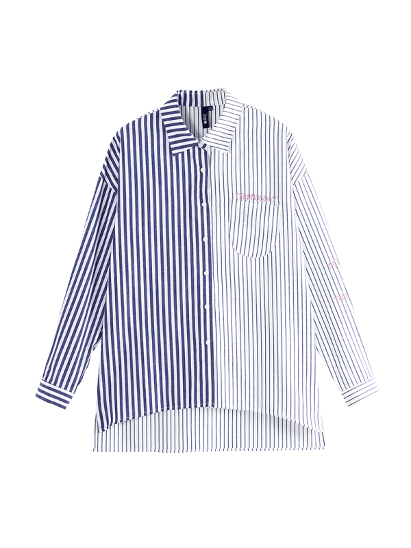 初语早衬衫女撞色条纹拼接上衣刺绣前短后长开叉衬衣