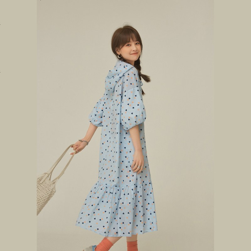 OtherMix日系连帽连衣裙女2021年夏季新款印花小爱心宽松系带裙子