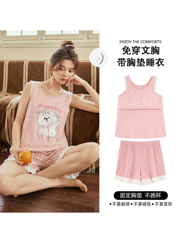 带胸垫睡衣女夏季背心短裤卡通甜美少女莫代尔家居服套装可外穿