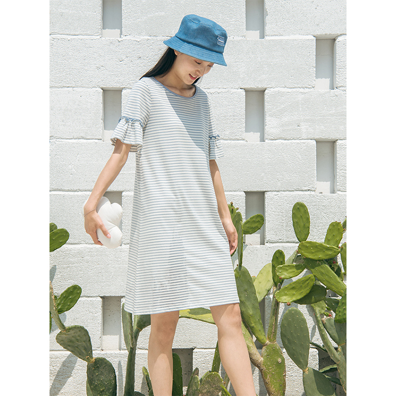 素缕夏装2018新款女装文艺条纹显瘦A字连衣裙女中长裙QS8203喨