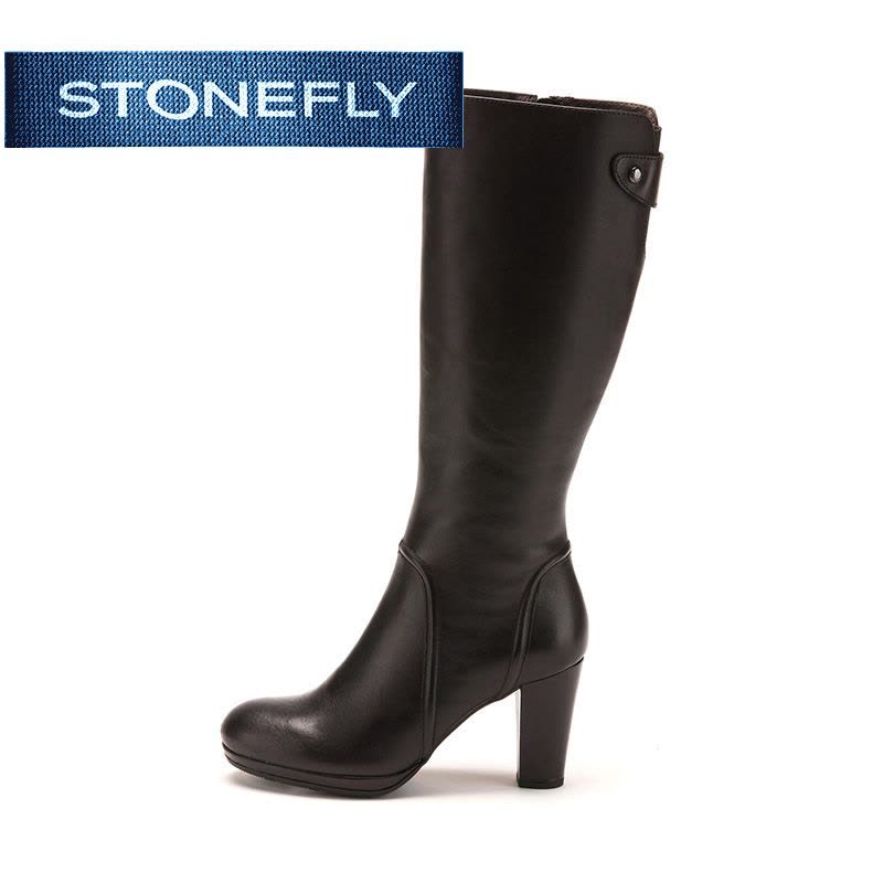 斯通富来STONEFLY冬季专柜靴牛皮高粗跟黑色瘦腿女直筒靴图片