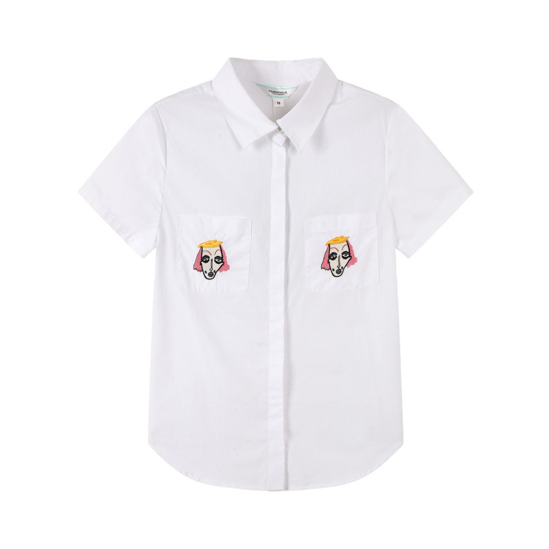 马克华菲女装2018春夏新品弧形下摆个性装饰女式短袖衬衫