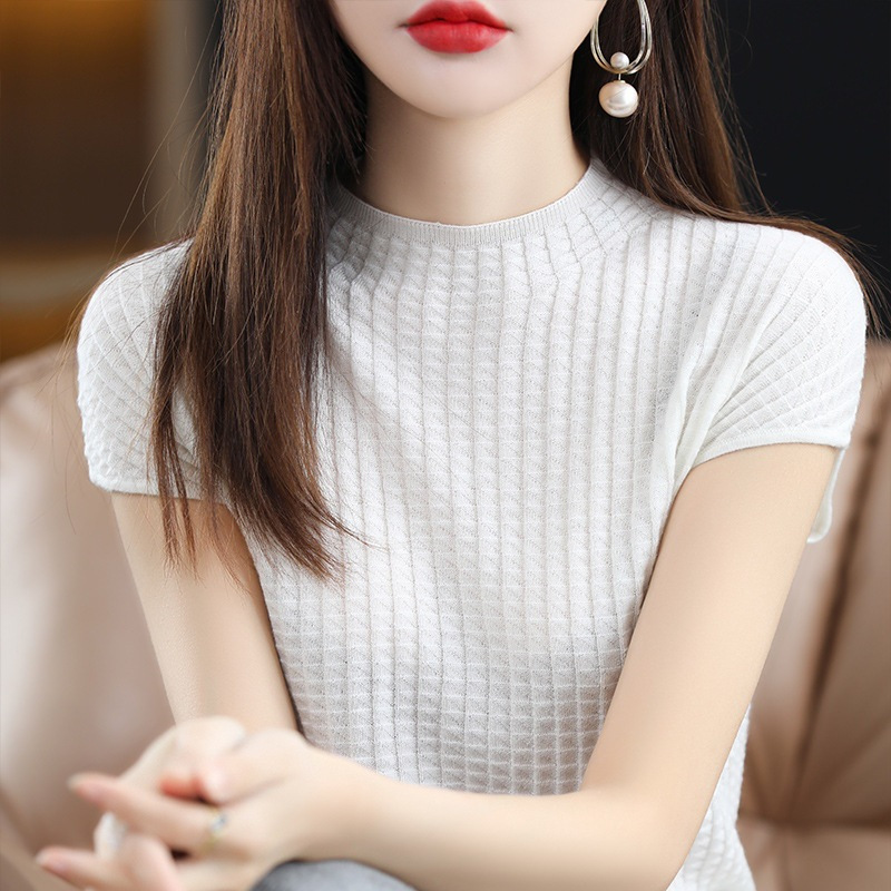 夏季新款半高领羊毛短袖女性感背心纯色宽松T恤上衣半袖打底