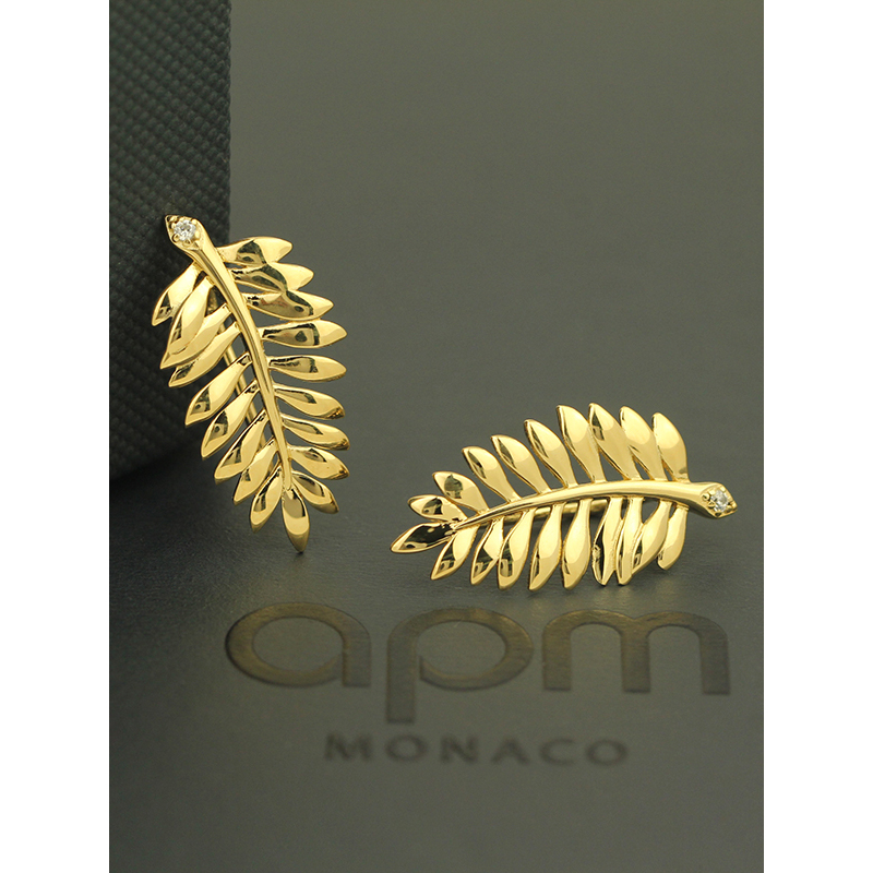 apm MONACO金黄色棕榈叶耳钉女士 热带风时尚耳挂925银耳饰AE12524OXY
