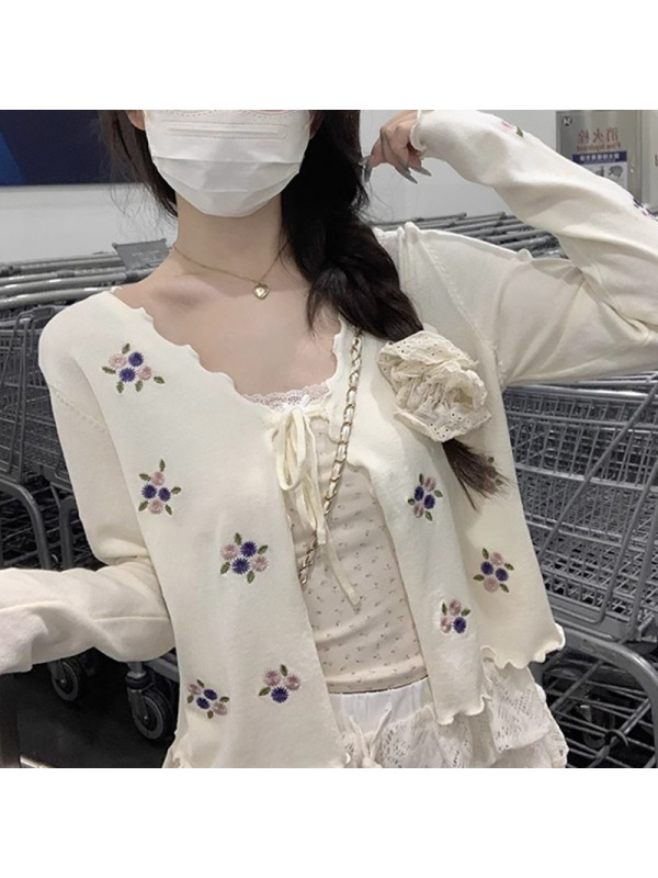 刺绣花朵木耳边针织衫女春秋季设计感系带修身长袖防晒开衫上衣潮