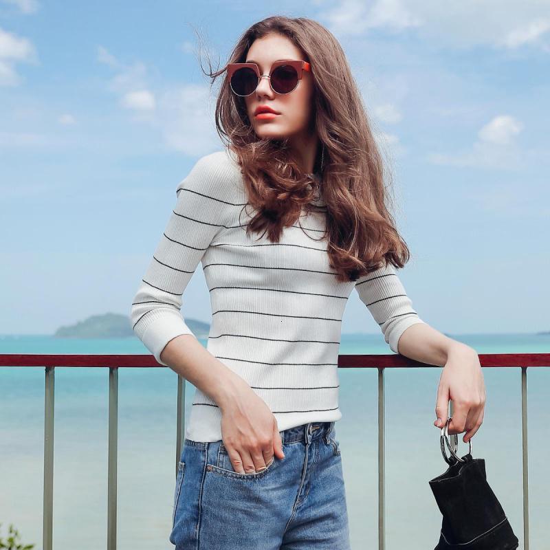 拉夏贝尔秋装新款修身显瘦修身百搭七分袖条纹薄针织衫女10013007