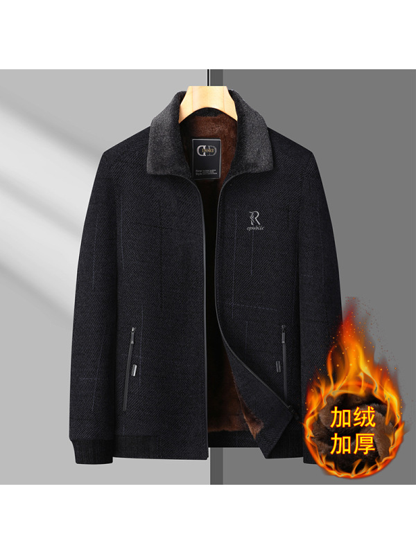 冬季加绒加厚爸爸装毛领抗寒外套休闲毛呢中老年爸爸装防寒夹克男