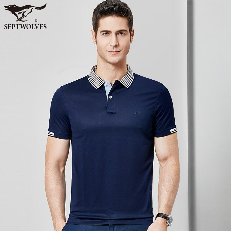 七匹狼短袖t恤 夏季男士小翻领纯色简约短t 男装 6028608 101(藏青)