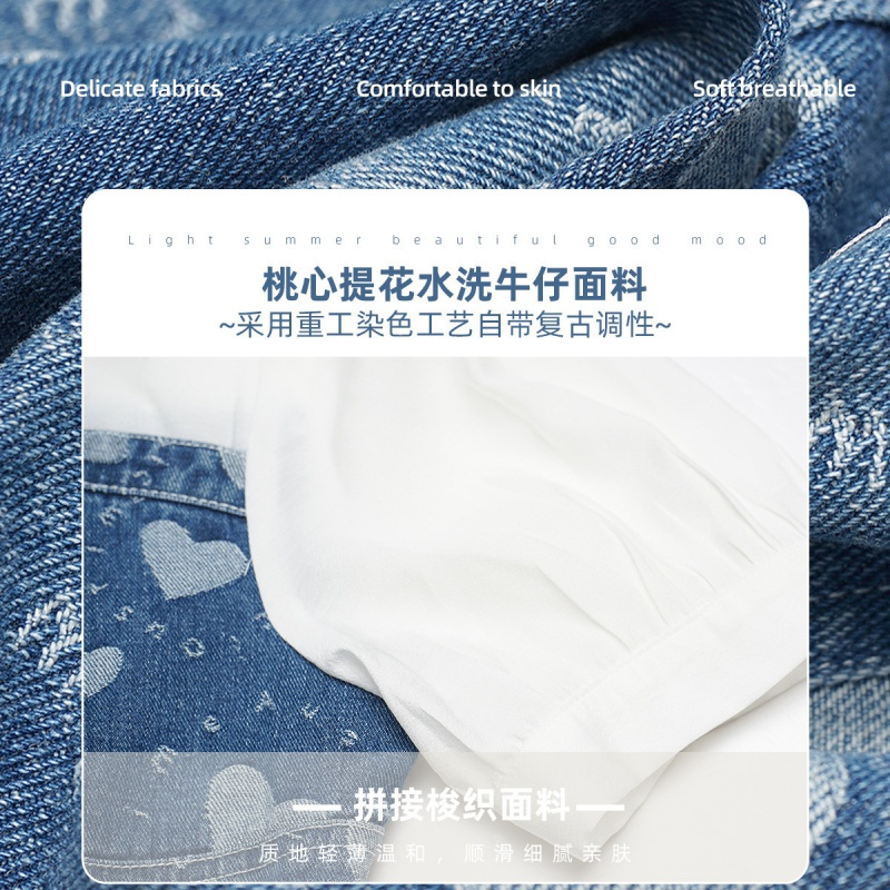 OUNIXUE欧昵雪 | [时尚爱心牛仔裙]夏季温柔风假两件拼接短袖修身连衣裙女