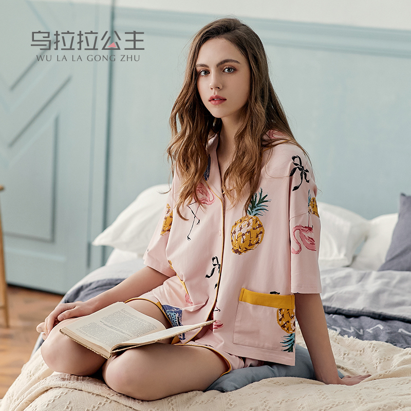 乌拉拉公主睡衣女夏棉质薄款短袖短裤开衫套装可爱甜美少女家居服