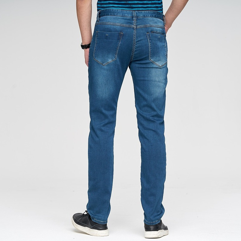 才子男装休闲牛仔裤深色水洗做旧复古修身直筒长裤微弹口袋男裤潮