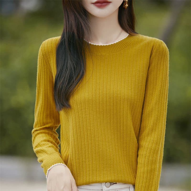 春秋冬新款安迪绒长袖针织衫女士圆领套头上衣坑条打底衫毛衣图片