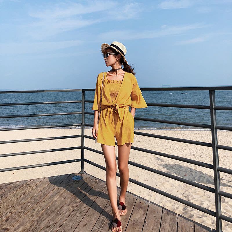 2018夏新款收腰带上衣阔腿短裤外搭开衫三件套图片