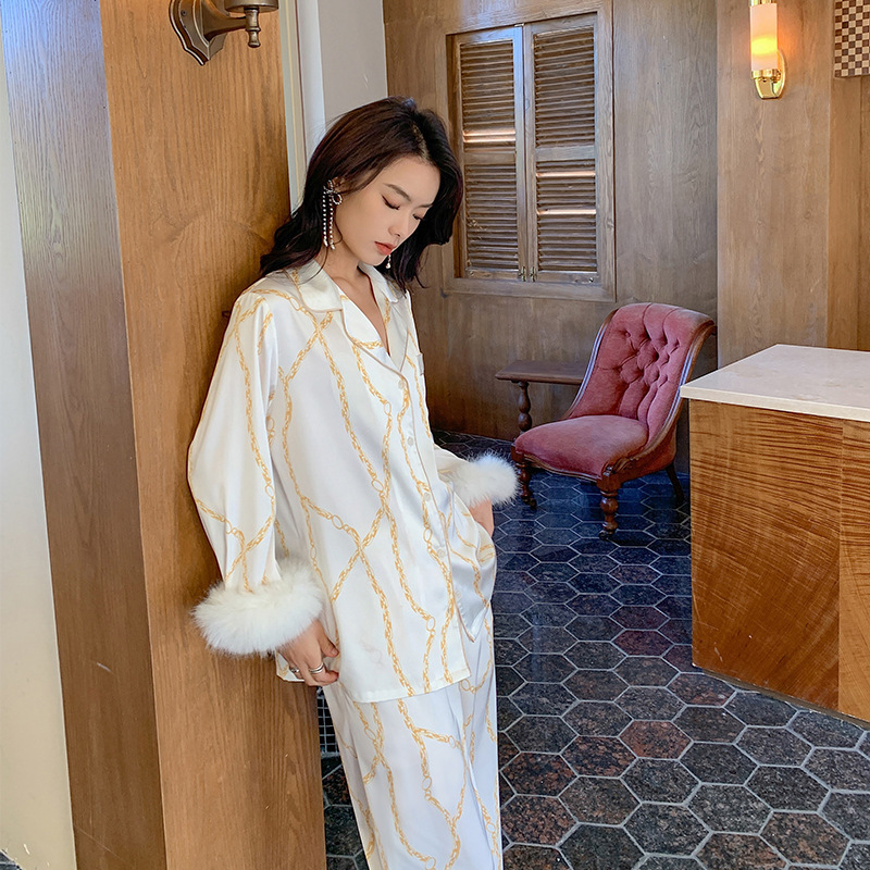 Ceba轻奢睡衣女春夏羽毛拼接感缎面雪纺薄款家居服可外穿