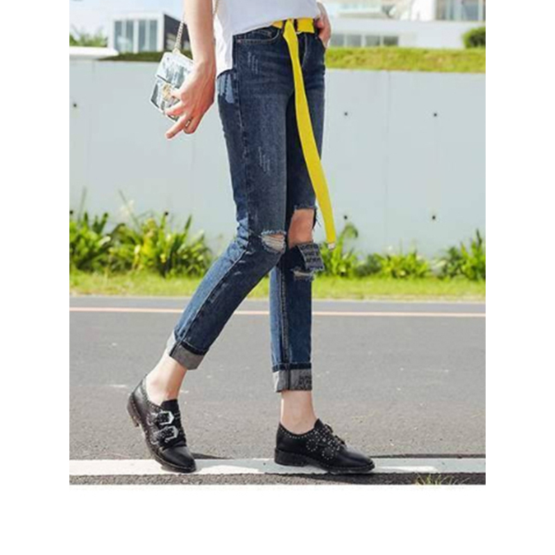 拉夏贝尔La Chapelle秋长牛仔裤破洞绣字母男友裤深牛仔蓝