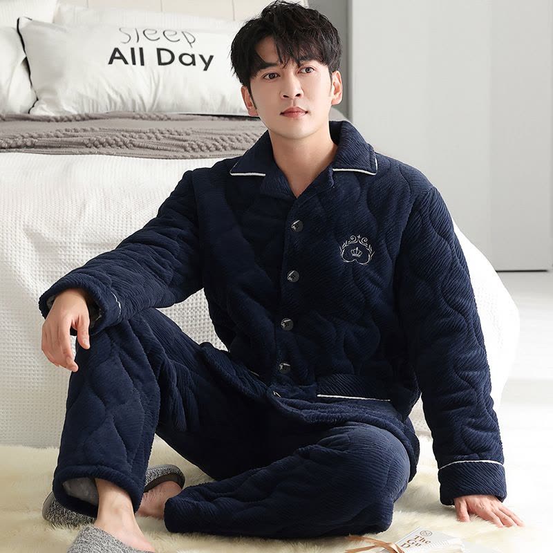睡衣男士冬季开衫珊瑚绒三层夹棉加厚加绒法兰绒加大码家居服套装图片