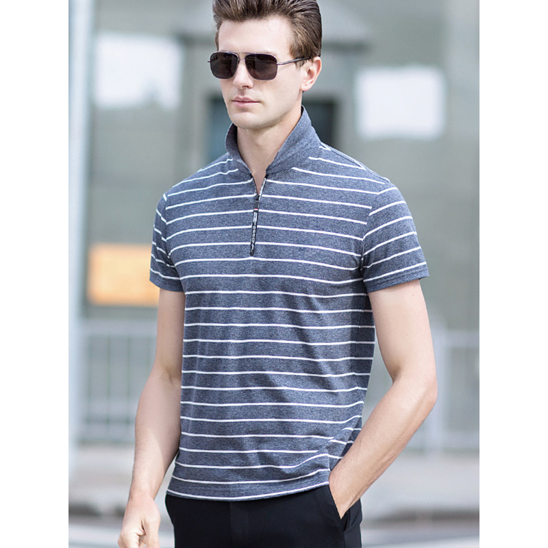 卡帝乐鳄鱼cartelo短袖t恤男条纹翻领宽松休闲中年男士t恤衫bab7896