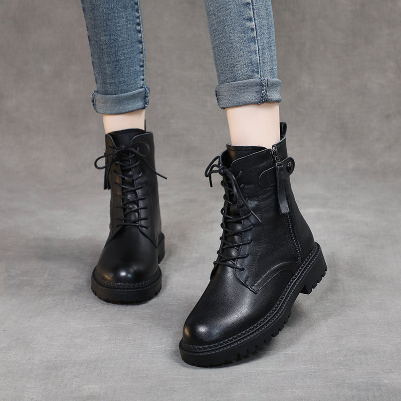 策霸头层牛皮帅气马丁靴女秋冬新款厚底女靴