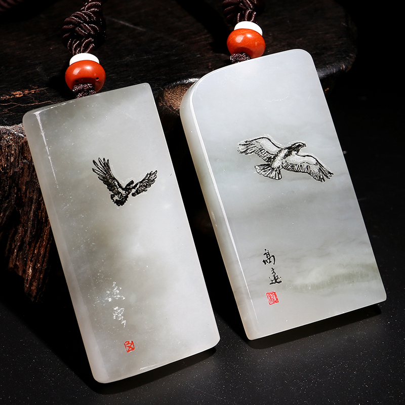 和田玉精致线雕高远吊坠 雄鹰翱翔玉石挂件 玉雕大师陈朋旭工作室出品