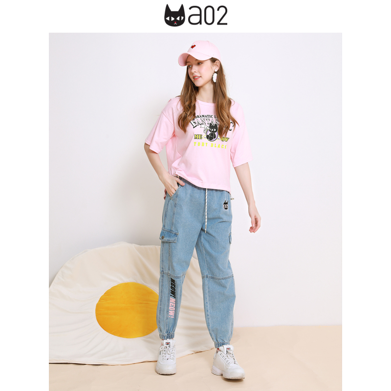 a02商场同款时尚金属链卡通印花抽绳收腰T恤女D1U2D0381KT