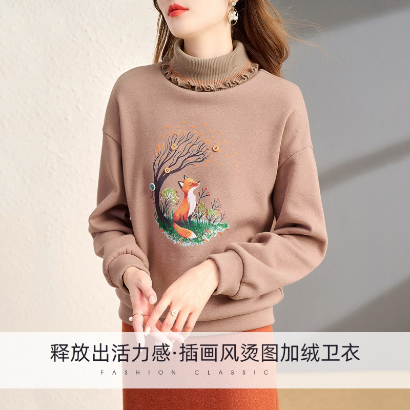 OUNIXUE欧昵雪 | [狐狸烫图休闲上衣]冬季减龄加绒半高领长袖宽松女士卫衣