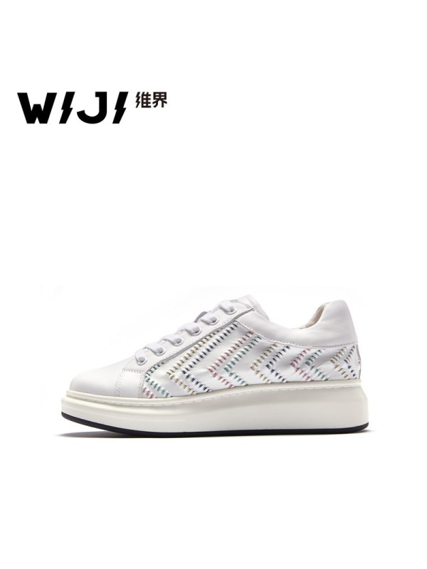 WIJI维界女鞋秋季新款特色彩色编织系带圆头低帮鞋韩版时尚小白鞋