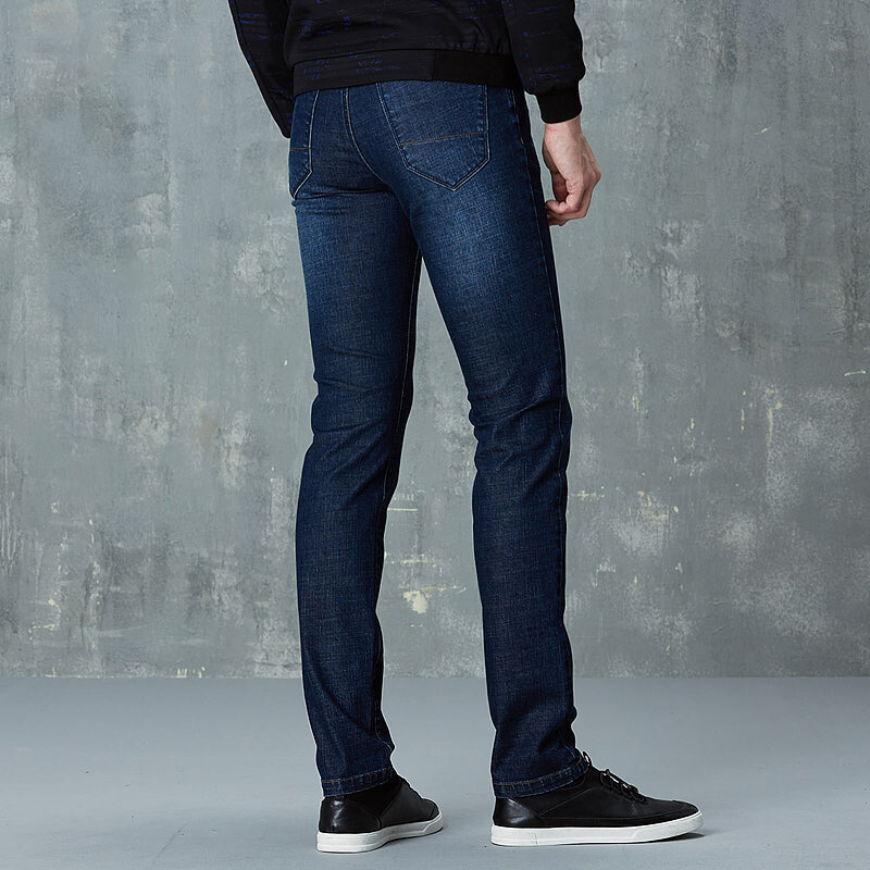 才子男装牛仔裤男士猫须纯色舒适直筒微弹修身商务休闲牛仔裤男蓝色_1
