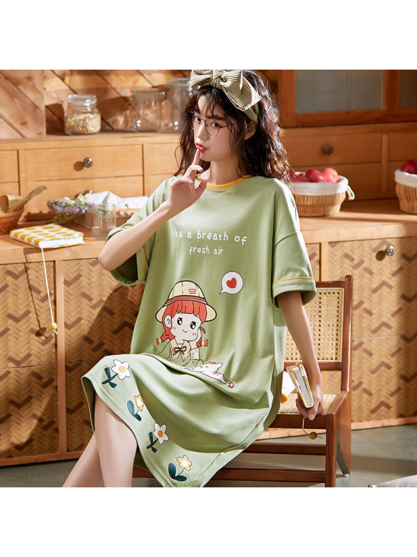 睡裙女夏季棉质短袖薄款 中长款睡衣韩版可爱卡通家居服连衣裙
