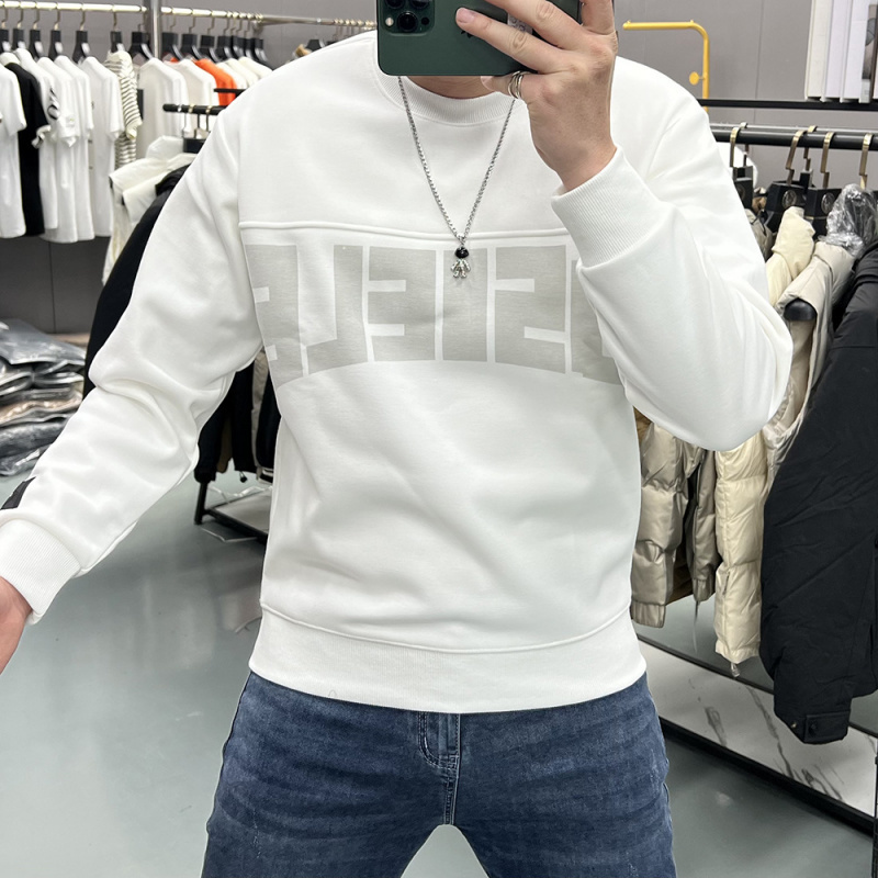 男士打底衫潮流印花字母卫衣秋冬季加绒加厚圆领套头上衣青年内搭