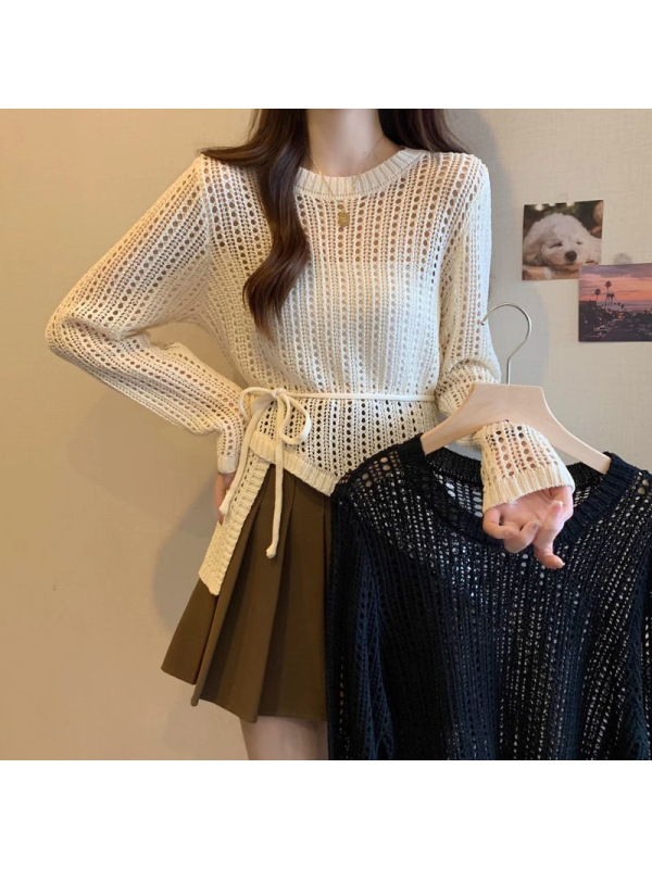 温柔风镂空长袖针织衫女装秋季新款薄款收腰显瘦罩衫宽松纯色上衣