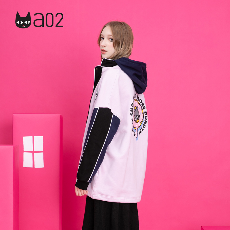 a02新款潮流卡通印花撞色拼接拉链秋冬加绒外套女DTU6D0191KC