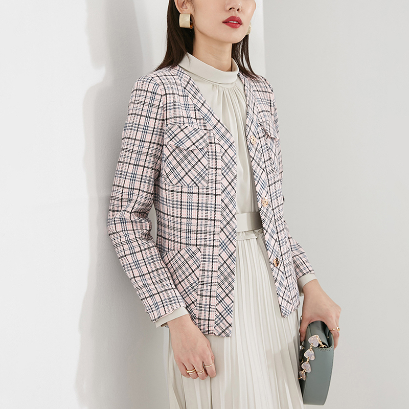 晚白2020冬季新品名媛淑女格子暗扣修身常规减龄小香风毛呢外套女