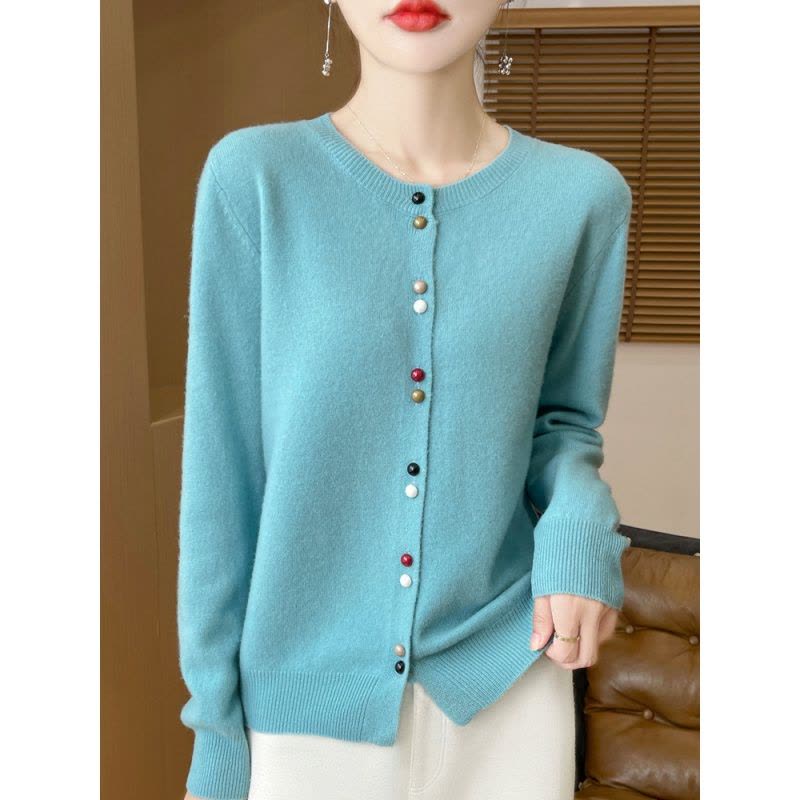 秋季新款小香风彩扣安迪绒针织圆领开衫女装毛衣外套上衣图片