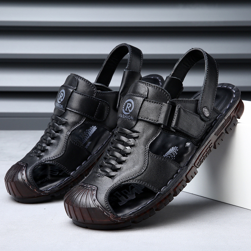 头层牛皮凉鞋男士包头夏季外穿休闲沙滩鞋男款防滑软底镂空男拖鞋