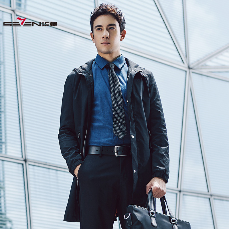 柒牌seven男装风衣冬青年中长款连帽修身男大衣外套视频