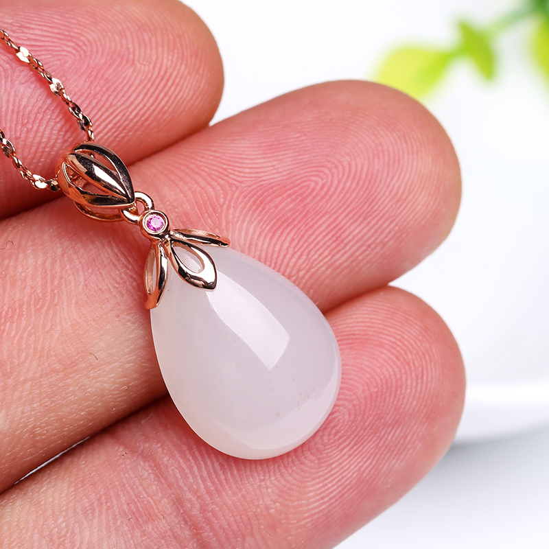 下架印象眸9k金和田玉羊脂白玉吊坠水滴形金镶玉女款项链附送证书