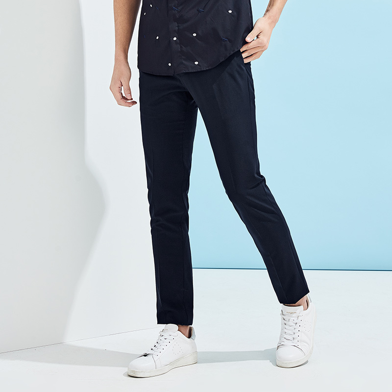 太平鸟男装秋季青年藏蓝色中腰直筒裤子时尚休闲裤