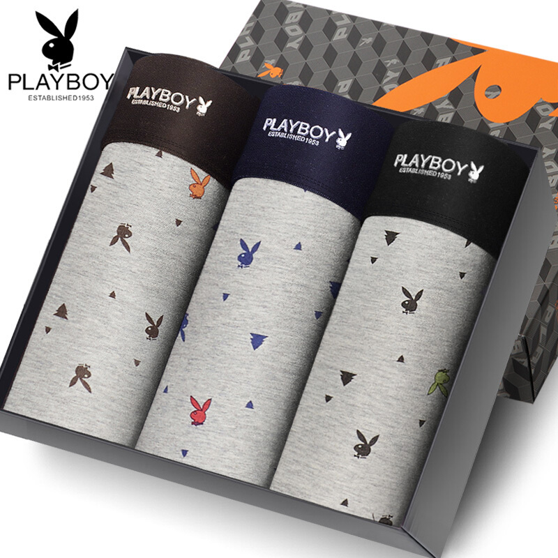 [苏宁自营]PLAYBOY花花公子男士内裤男弹力棉四季兔头印花滴胶平角裤头3条礼盒装5889