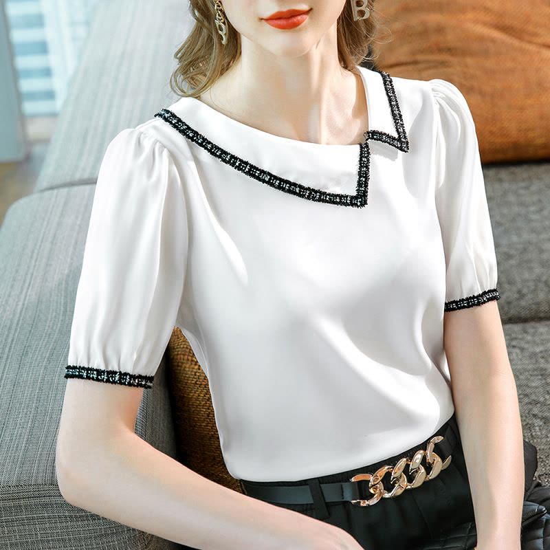 Ceba短袖雪纺衫女夏2022年新款女装撞色侧翻领衬衣高级感丝滑缎面上衣图片
